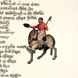 The Cook, yksityiskohta The Canterbury Talesista, kirjoittanut Geoffrey Chaucer (n. 1342-1400) Ellesmeren käsikirjoitus, faksipainos, 1911 (alkuperäiset tiedot, katso 128945)